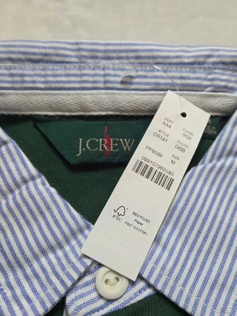 New M J.Crew rugby shirt with striped oxford collar Green longsleve polo